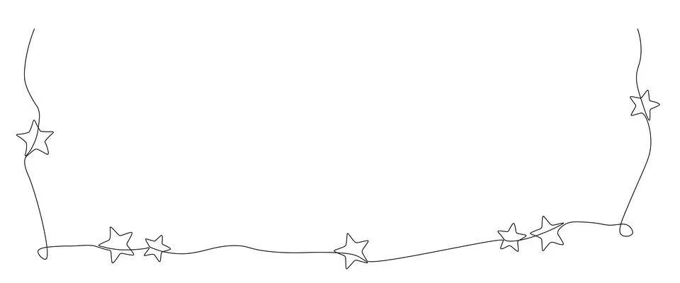 One continuous line drawing border with stars. Festive break line with flourish Stock Illustration