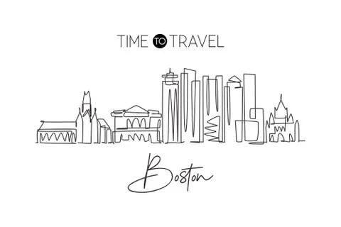 One continuous line drawing of Boston city skyline, USA. Beautiful landmark Stock Illustration