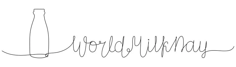 One continuous line drawing of bottle and hand drawn lettering on World Milk  Stock Illustration