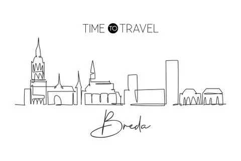 One continuous line drawing of Breda city skyline, Netherlands Stock Illustration