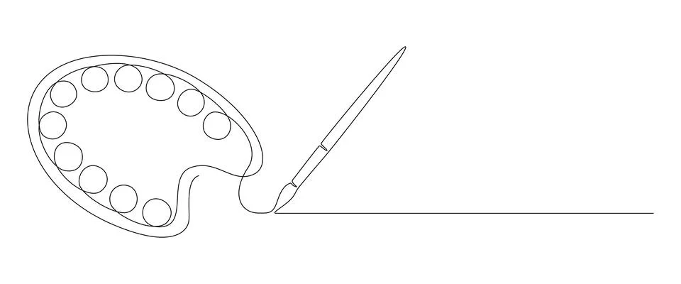 One continuous line drawing of brush and painting palette. Paintbrush symbol for Stock Illustration