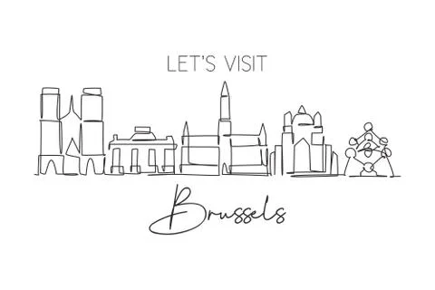 One continuous line drawing of Brussels city skyline, Belgium Stock Illustration