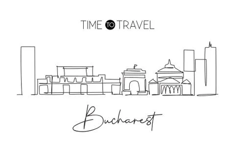 One continuous line drawing of Bucharest city skyline, Romania Illustrazione stock