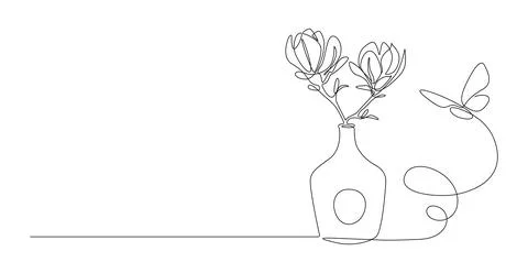 One continuous line drawing of butterfly with flower. Thin curl border and Stock Illustration