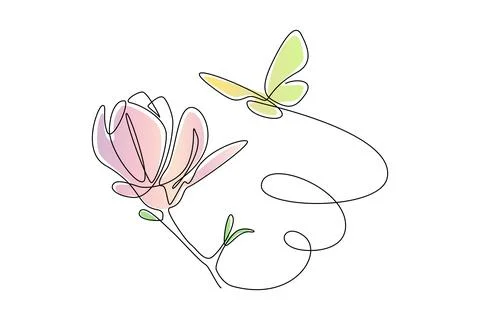 One continuous line drawing of butterfly with flower. Thin curl border and Stock Illustration