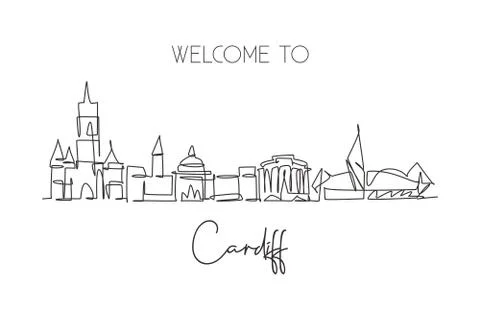 One continuous line drawing of Cardiff city skyline Wales. Beautiful landmark Illustrazione stock