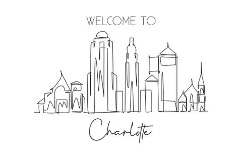 One continuous line drawing Charlotte city skyline United State Illustrazione stock
