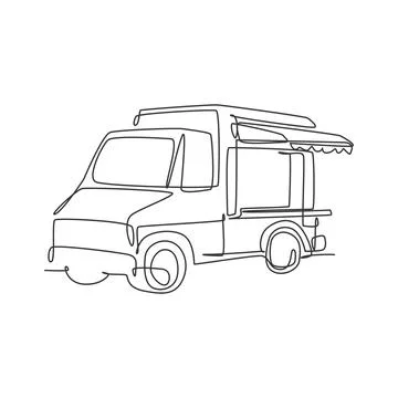 One continuous line drawing cheerful food truck for festival logo emblem Stock Illustration