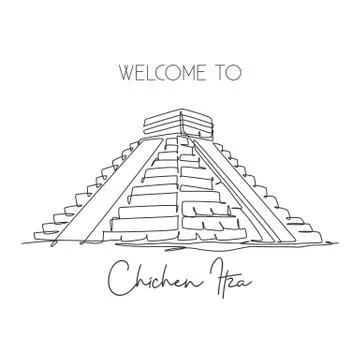 One continuous line drawing Chichen Itza Mayan Pyramid landmark. World iconic Stock Illustration