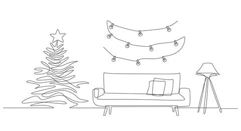 One continuous Line drawing of christmas interior with sofa, lamp and christmas Stock Illustration
