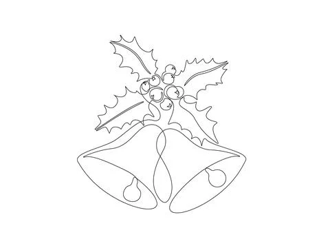 One continuous line drawing of Christmas Holly leaves and bells. Festive Stock Illustration