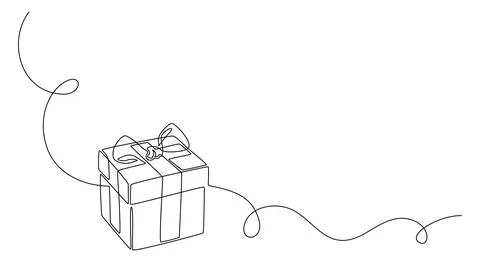 One Continuous line drawing of Christmas Present box with ribbon and bow Stock Illustration