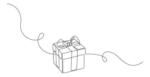 One Continuous line drawing of Christmas Present box with ribbon and bow Stock Illustration