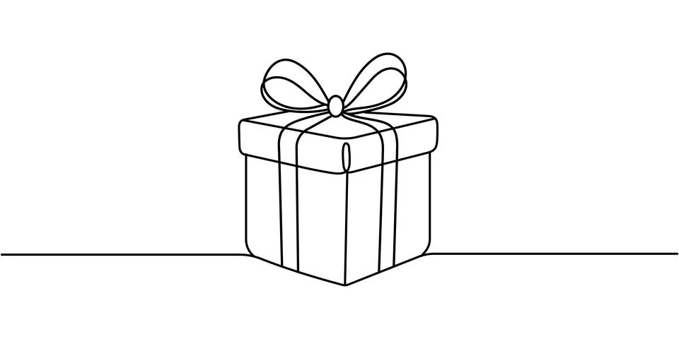 One Continuous line drawing of Christmas Present box with ribbon and bow. Fes Stock Illustration