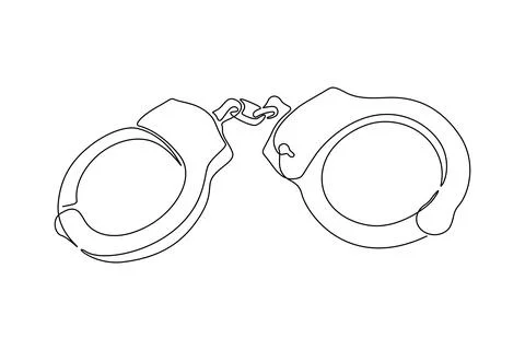 One continuous line drawing of closed handcuffs. Symbol of police justice and Stock Illustration