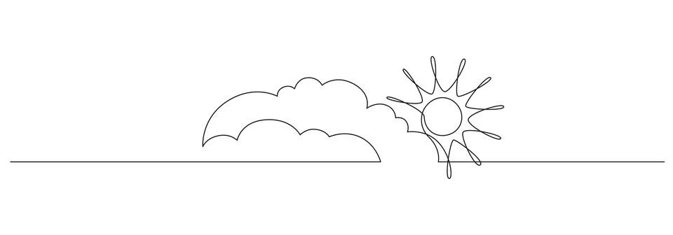 One continuous line drawing of Clouds with sun in the sky. Weather symbol and Stock Illustration