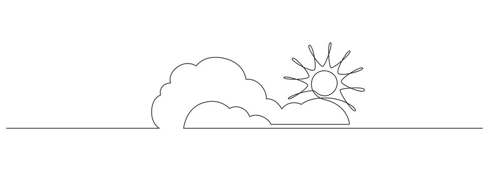 One continuous line drawing of Clouds with sun in the sky. Weather symbol and Stock Illustration