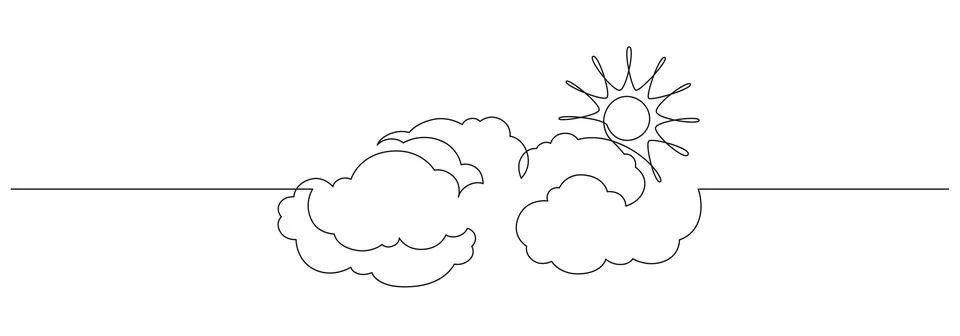 One continuous line drawing of Clouds with sun in the sky. Weather symbol and Stock Illustration