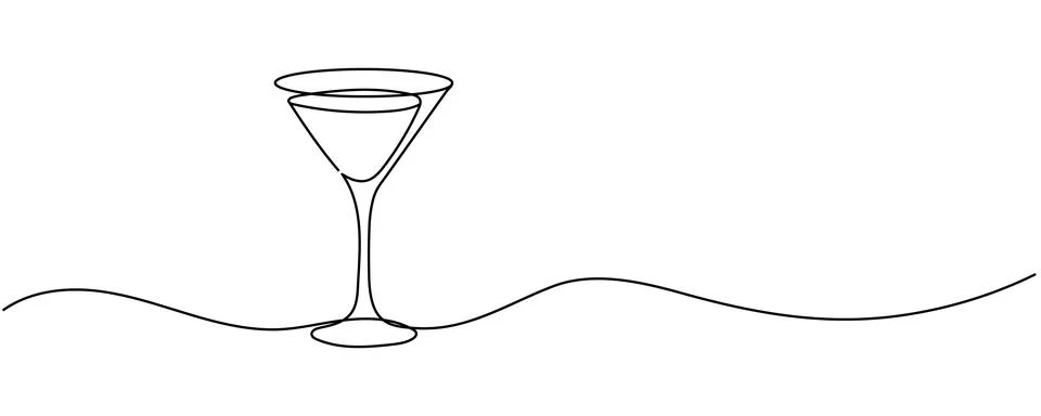 One continuous line drawing of cocktail glass with lemon slice and straw. M.. Stock Illustration