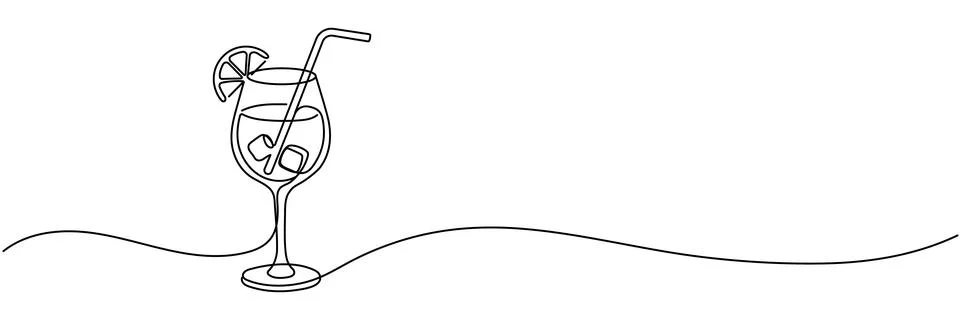 One continuous line drawing of cocktail glass with lemon slice and straw. M.. 스톡 일러스트
