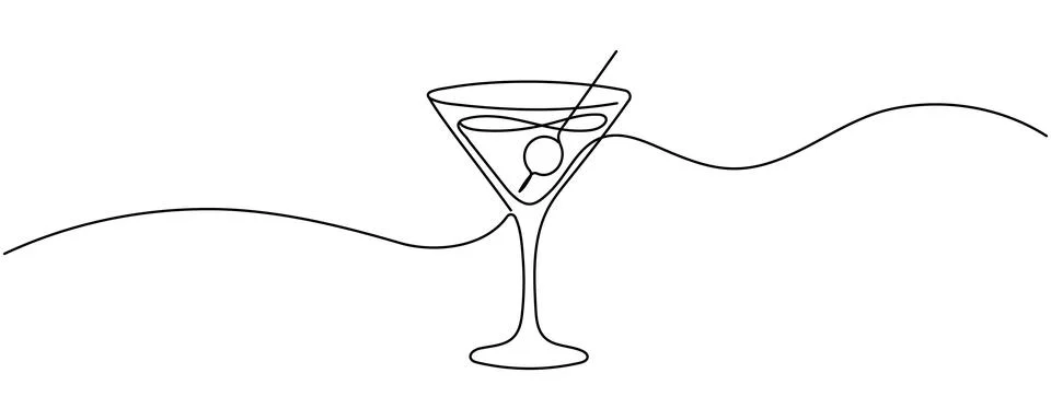 One continuous line drawing of cocktail glass with lemon slice and straw. M.. 스톡 일러스트