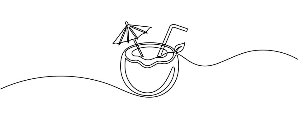 One continuous line drawing of coconut cocktail with umbrella and straw. Tr.. Stock Illustration