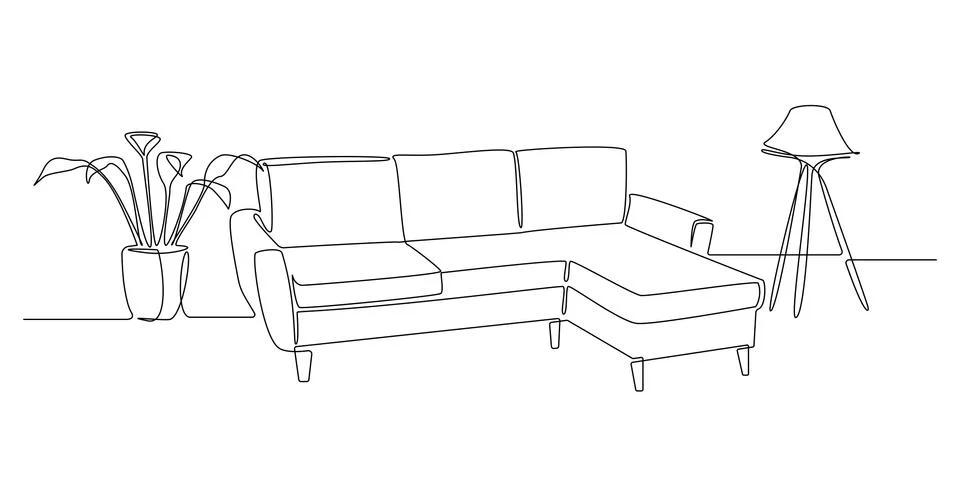 One continuous line drawing of couch or sofa with lamp and potted plant. Modern Stock Illustration