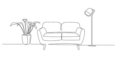 One continuous Line drawing of couch and lamp and plant. Modern flat furniture Stock Illustration
