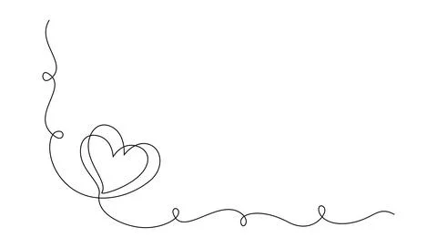 One continuous line drawing of couple hearts and love symbol. Thin curl border Stock Illustration