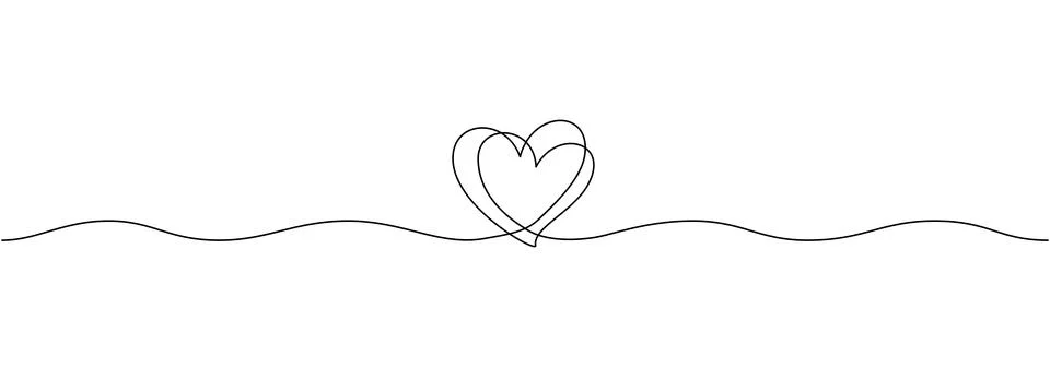 One continuous line drawing of couple hearts and love symbol. Thin curl border Stock Illustration