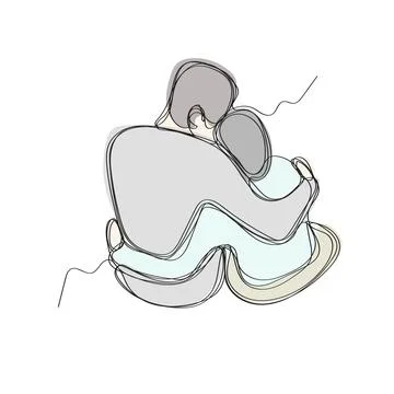 One continuous line drawing of a couple sitting and embracing. Stock Illustration