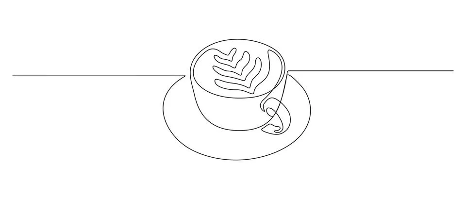 One continuous line drawing of cup coffee with latte art. Minimalist modern Stock Illustration