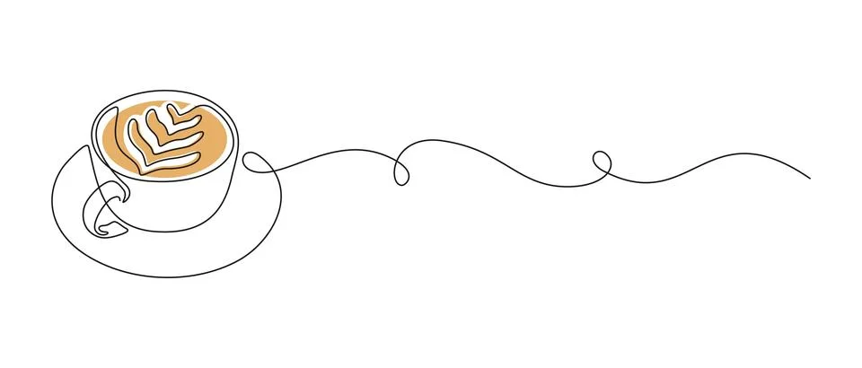 One continuous line drawing of cup coffee with latte art. Minimalist silhouette Illustrazione stock