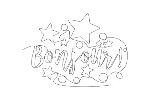 One continuous line drawing of cute and adorable typography quote - Bonjour 스톡 일러스트
