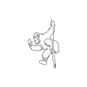 One continuous line drawing of cute chimpanzee hanging on tree branch Stock Illustration