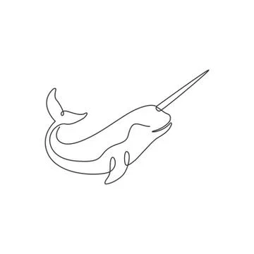 One continuous line drawing of cute narwhal with tusk for marine company logo Illustrazione stock