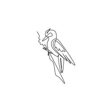One continuous line drawing of cute woodpecker on wood tree Stock-Illustration