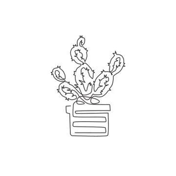 One continuous line drawing of cute potted tropical prickly cactus plant Stock-Illustration