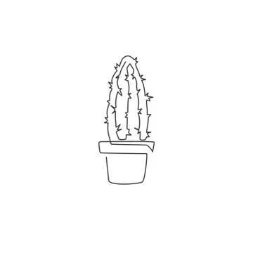 One continuous line drawing cute potted tropical spiny cactus plant Illustrazione stock