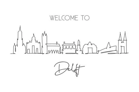 One continuous line drawing of Delft city skyline, Netherlands Illustrazione stock