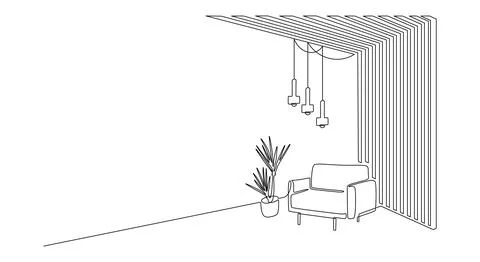 One continuous line drawing of design interior with armchair and wood slat walls Stock Illustration