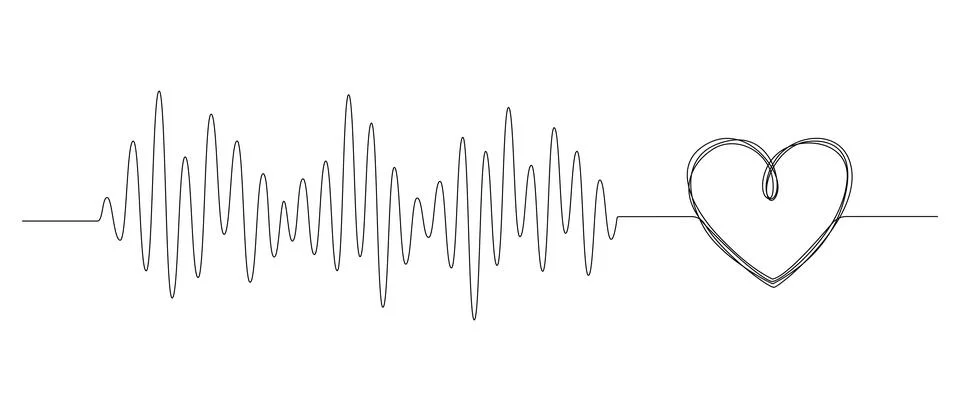 One continuous line drawing of doodle heart with pulse. Ekg wave of romantic 스톡 일러스트