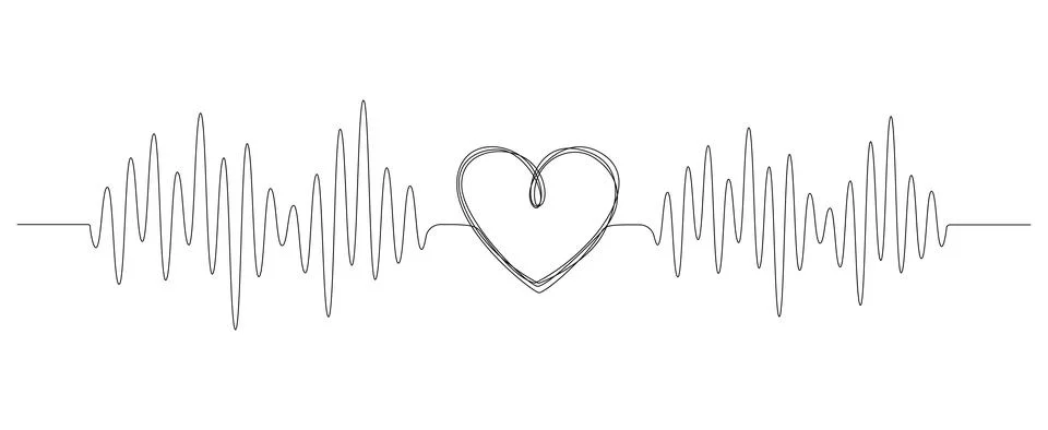 One continuous line drawing of doodle heart with pulse. Sound wave romantic Stock Illustration
