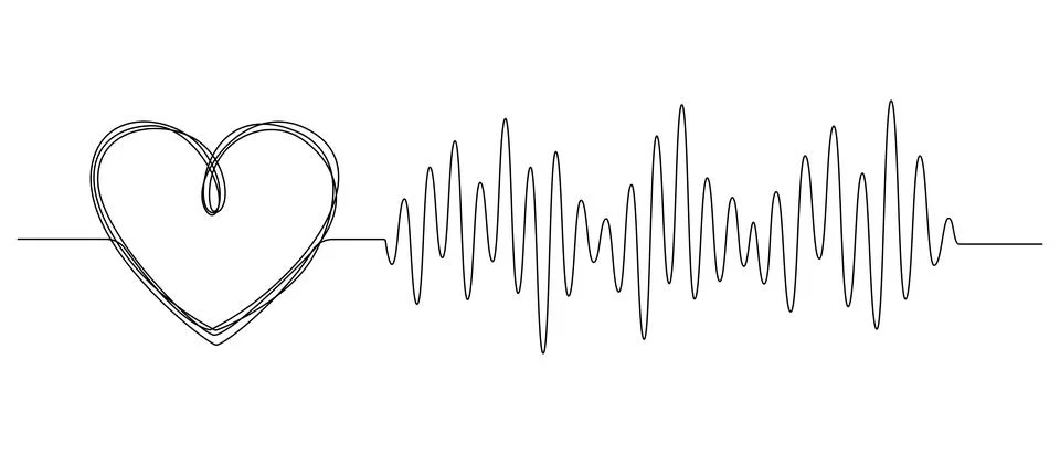 One continuous line drawing of doodle heart with pulse. Sound wave romantic Stock Illustration