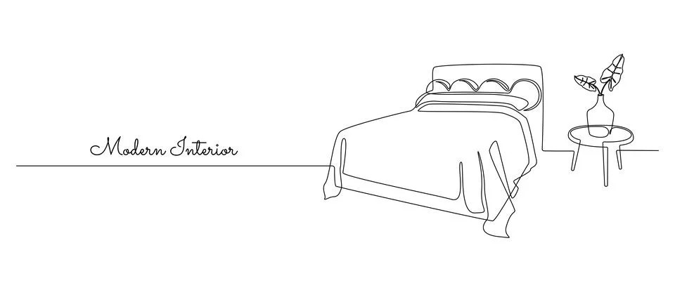 One continuous line drawing of double bed and table with vase and plant. Modern Stock Illustration