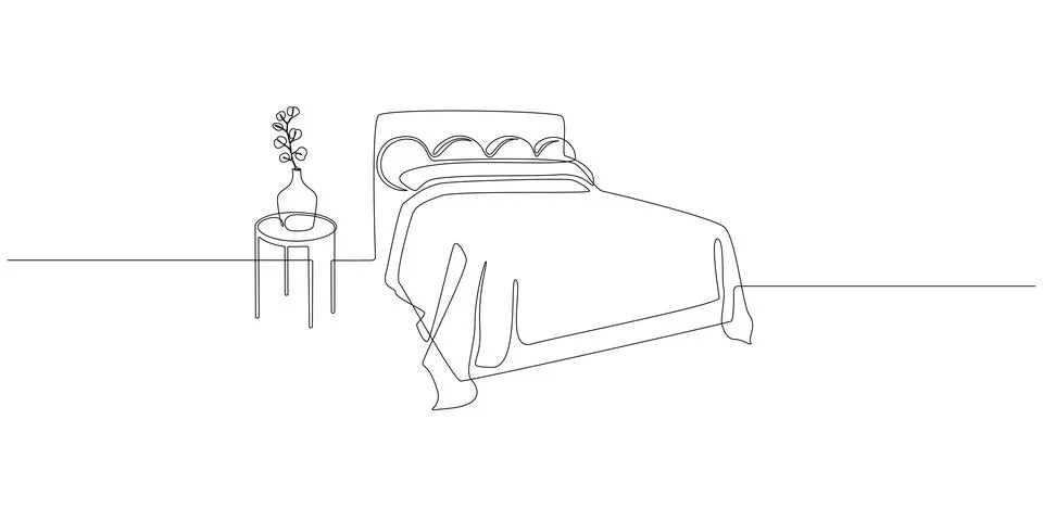 One continuous line drawing of double bed and table with vase and plant. Modern Stock Illustration