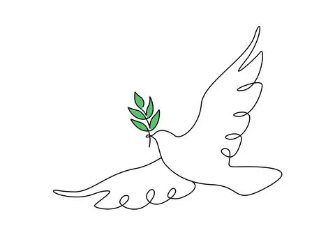 One continuous line drawing of dove of peace flying with green olive twig. Bird Stock Illustration