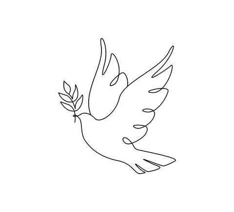 One continuous line drawing of dove of peace flying with olive twig. Bird and Stock Illustration