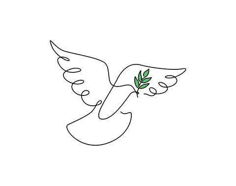 One continuous line drawing of dove of peace flying with green olive branch Stock Illustration