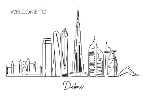 One continuous line drawing of Dubai city skyline. World Famous tourism city 스톡 일러스트